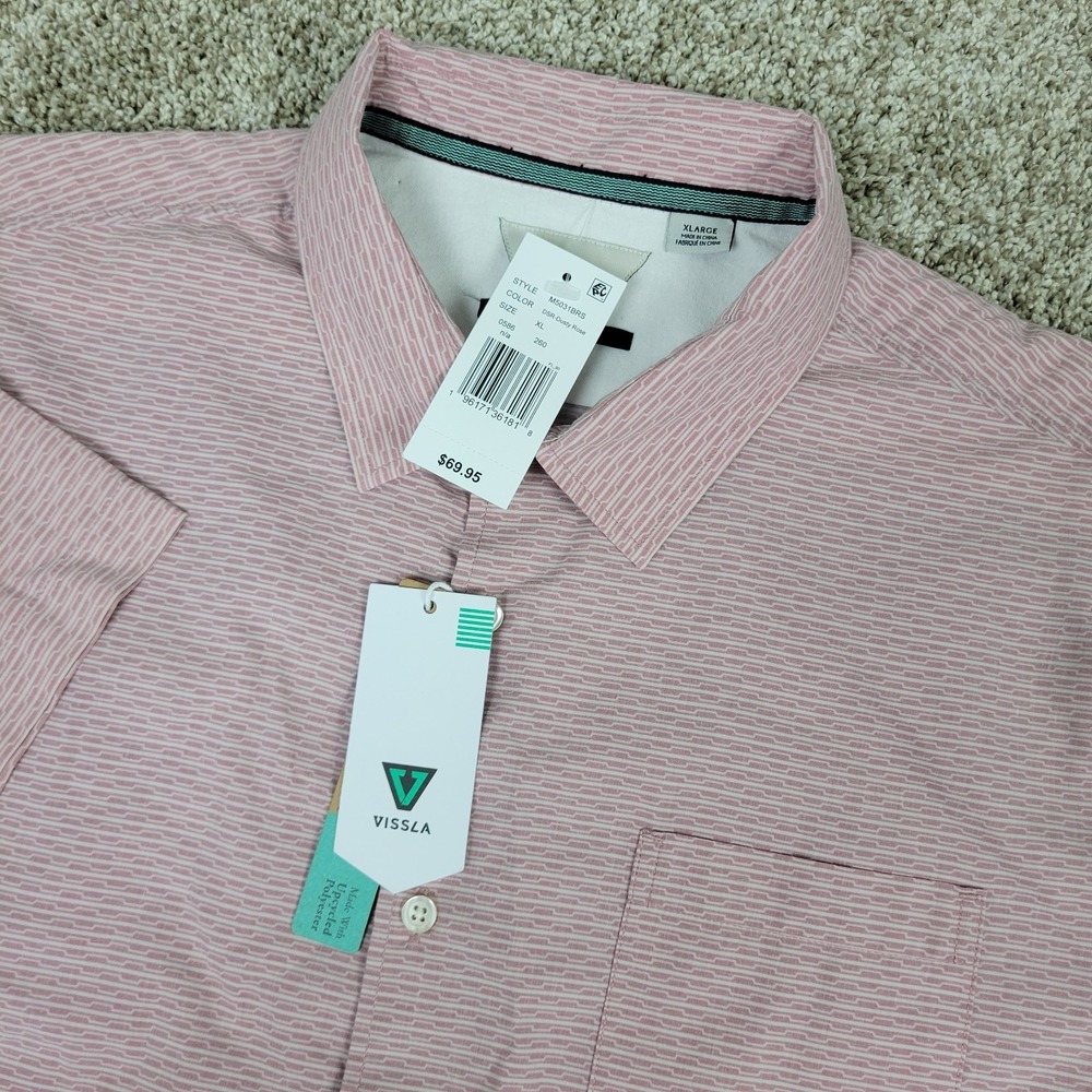 NWT Vissla Mens XL Red White AOP Geometric Button Up Short Sleeve